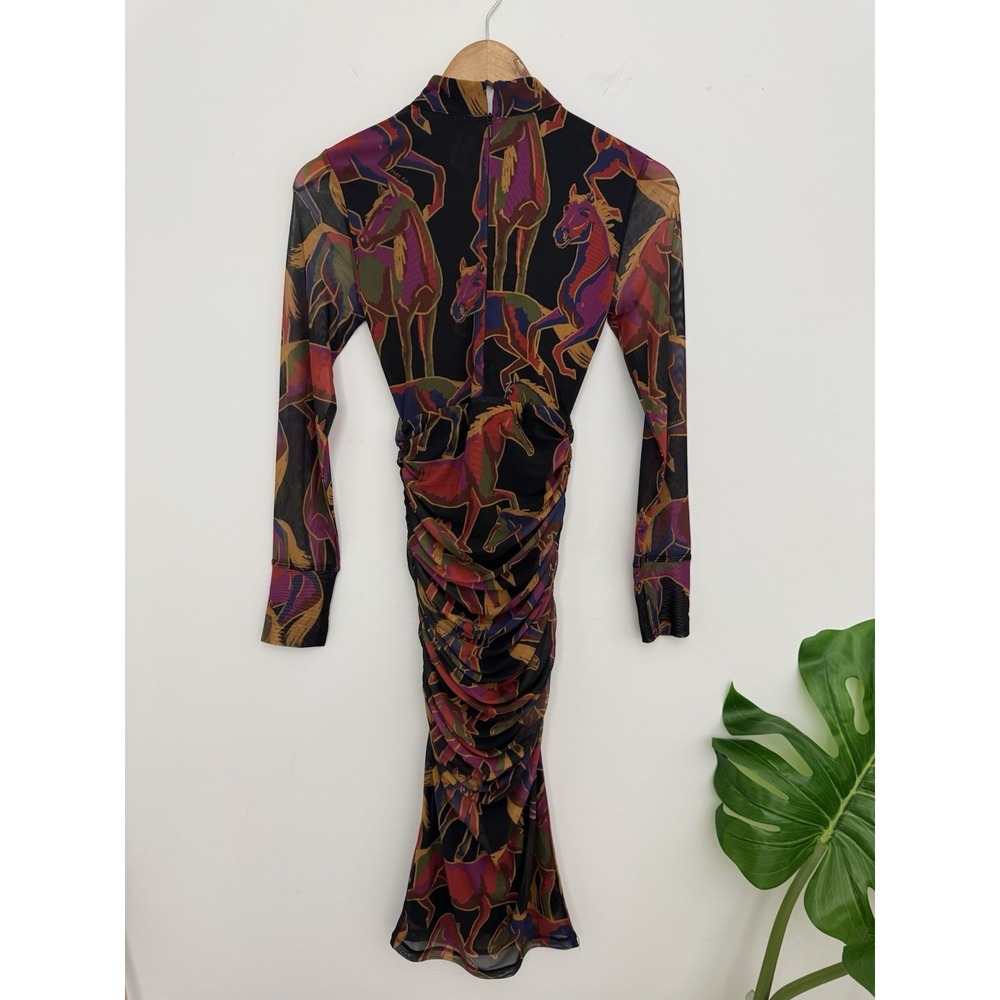 Farm Rio Wild Horses Tulle Midi Dress Ruched Equestrian Blck Design XXS Fits XS - Picture 8 of 8